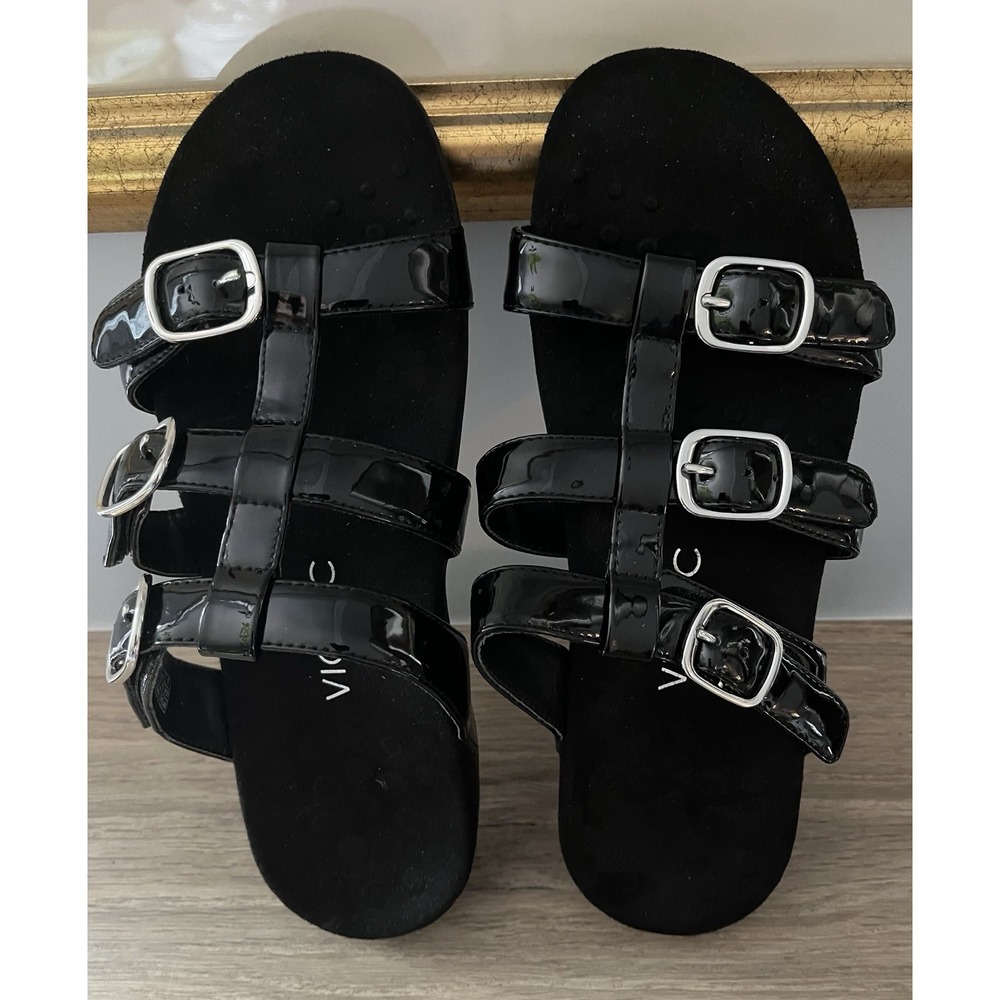 Vionic Misa Sandals Womens 9 M Slide Comfort Black Patent Leather W2